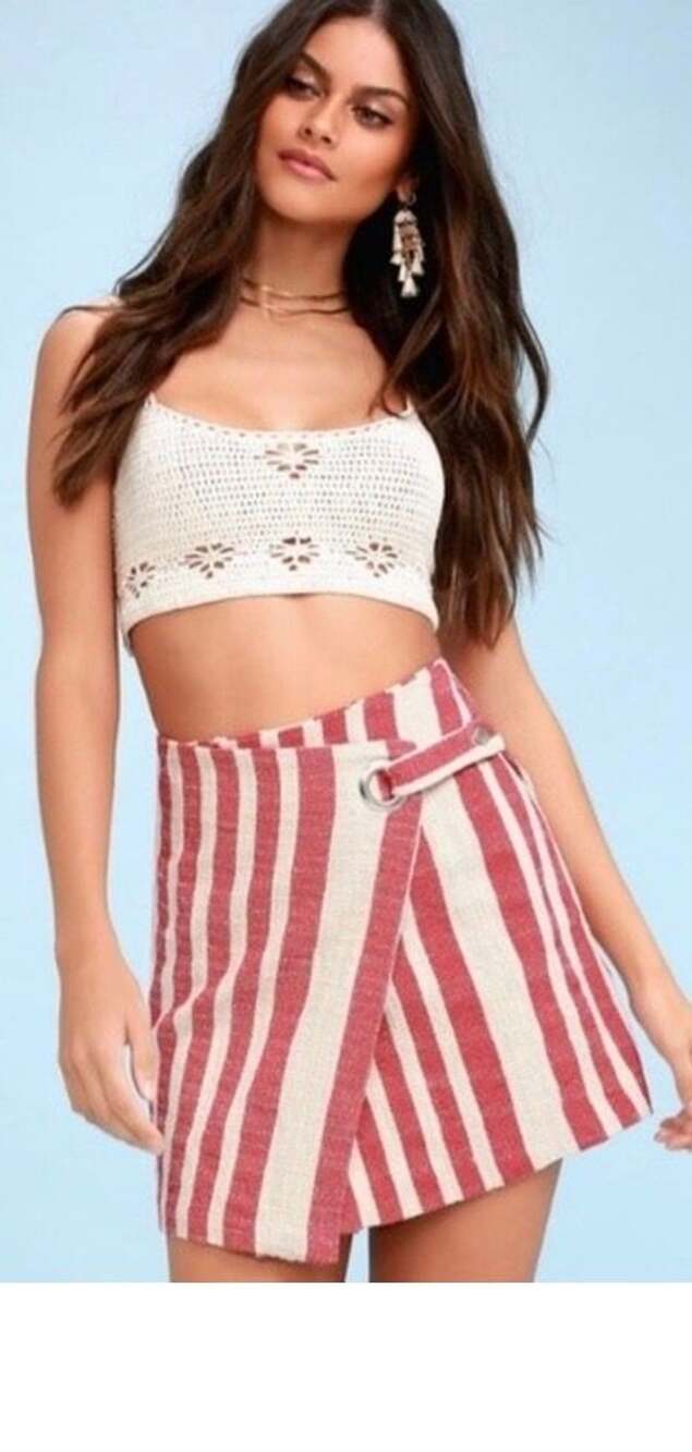 Free People It's A Wrap Red and White Cream Striped Mini Skirt Small